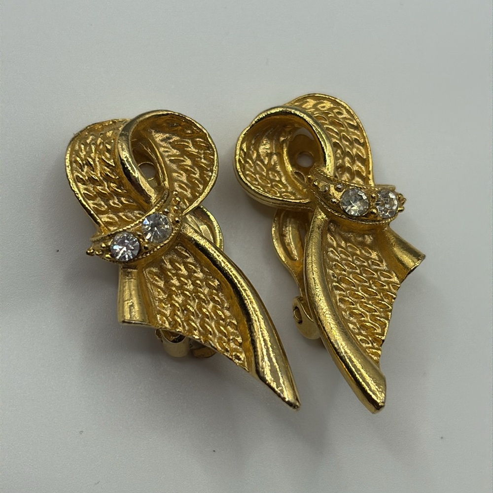 Vintage 70’s Gold Weave Ribbon Earrings with Crystal Accents
